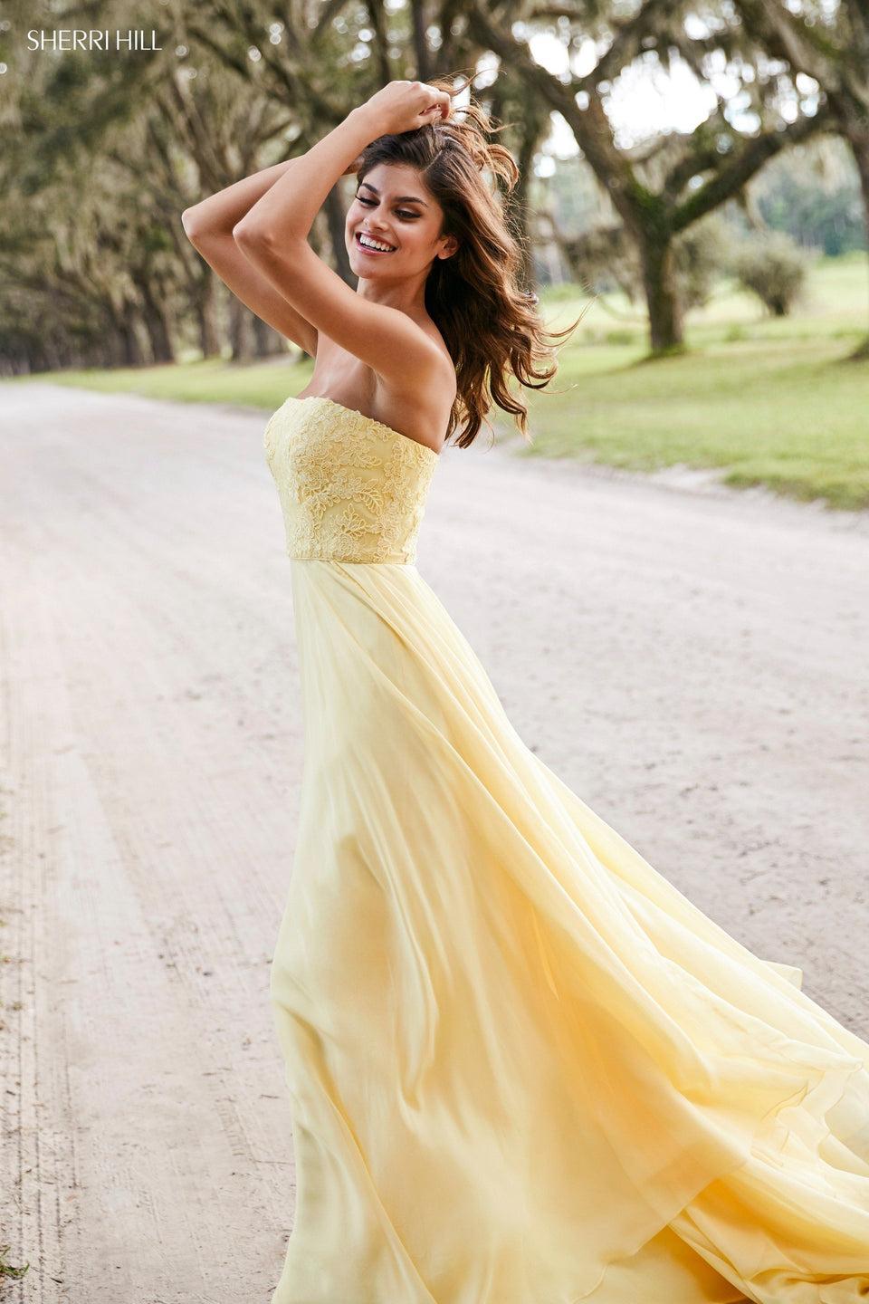 sherri hill Strapless chiffon gown with lace bodice