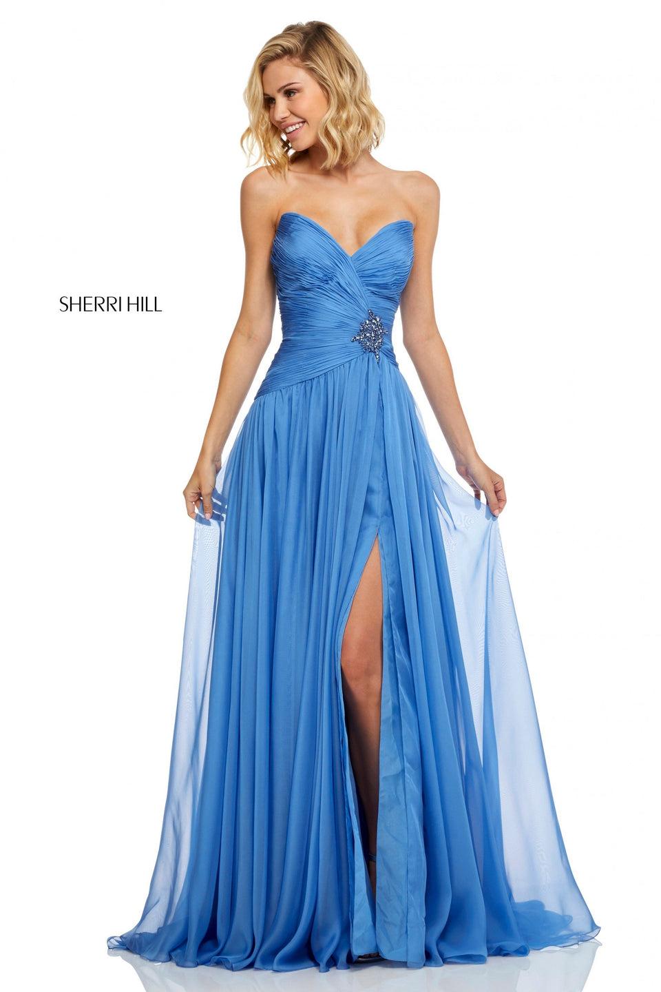 sherri hill Strapless chiffon gown with pleated drop waist bodice