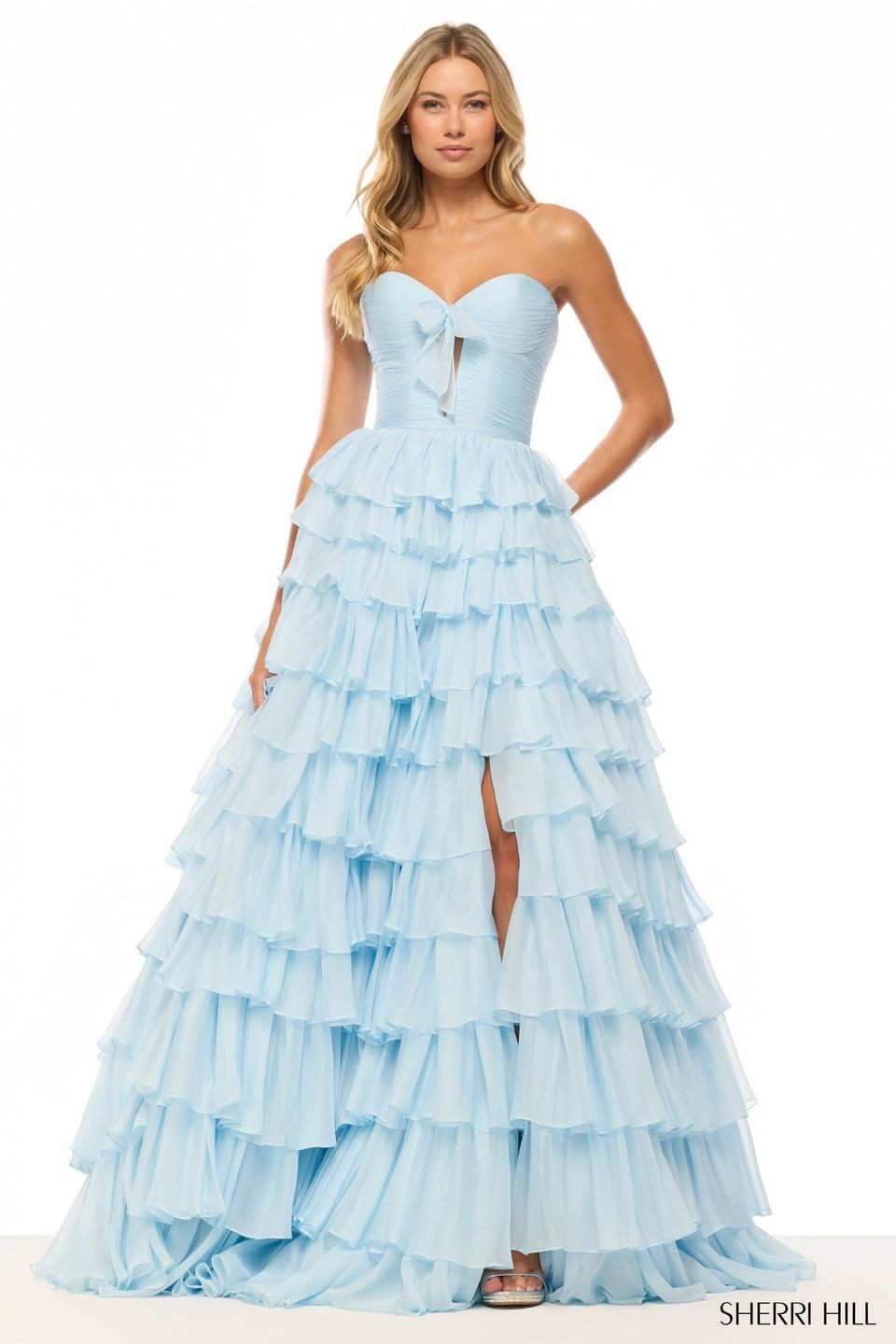 sherri hill Strapless chiffon ruffle ballgown with with skirt slit