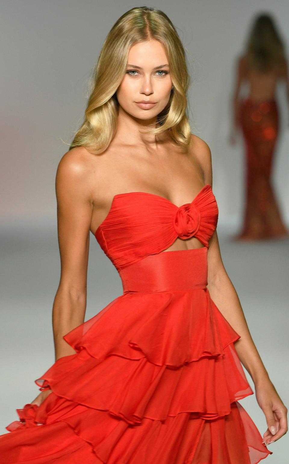 Sherri Hill Strapless Chiffon Ruffle Gown With Keyhole In Bodice Rosette Embellishment And A Skirt Slit