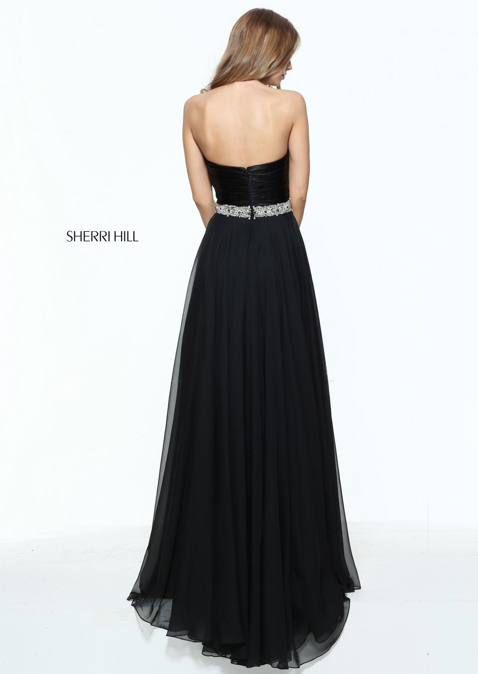 Sherri Hill Strapless Chiffon With A Satin Ruched Bodice And A Beaded Waist Band