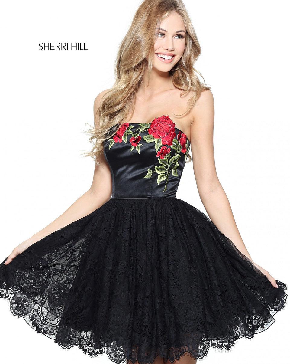 Sherri Hill Strapless Cocktail A-line Dress With Embroidered Floral Bodice