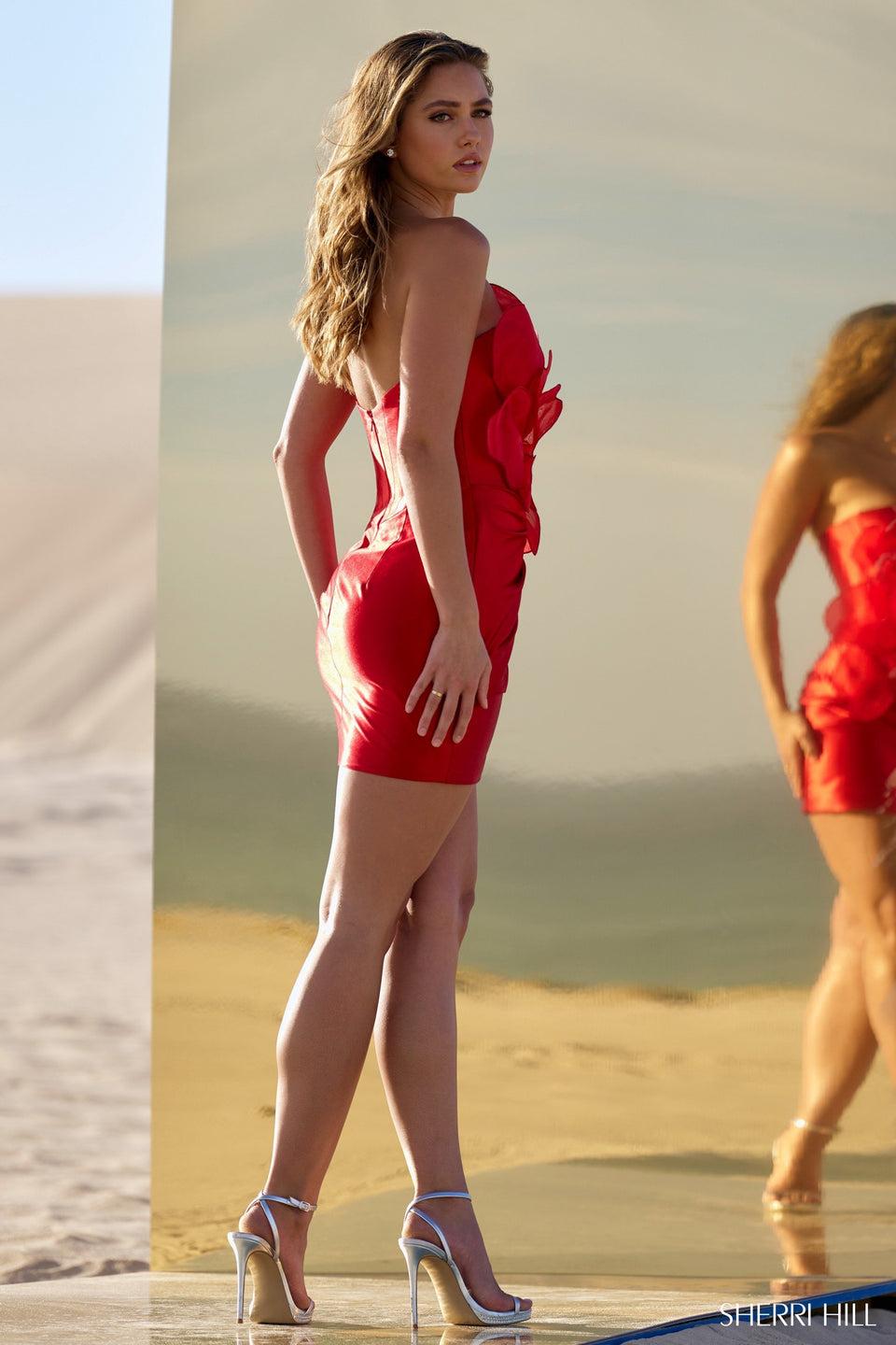 Sherri Hill Strapless Cocktail Dress With 3D Flower