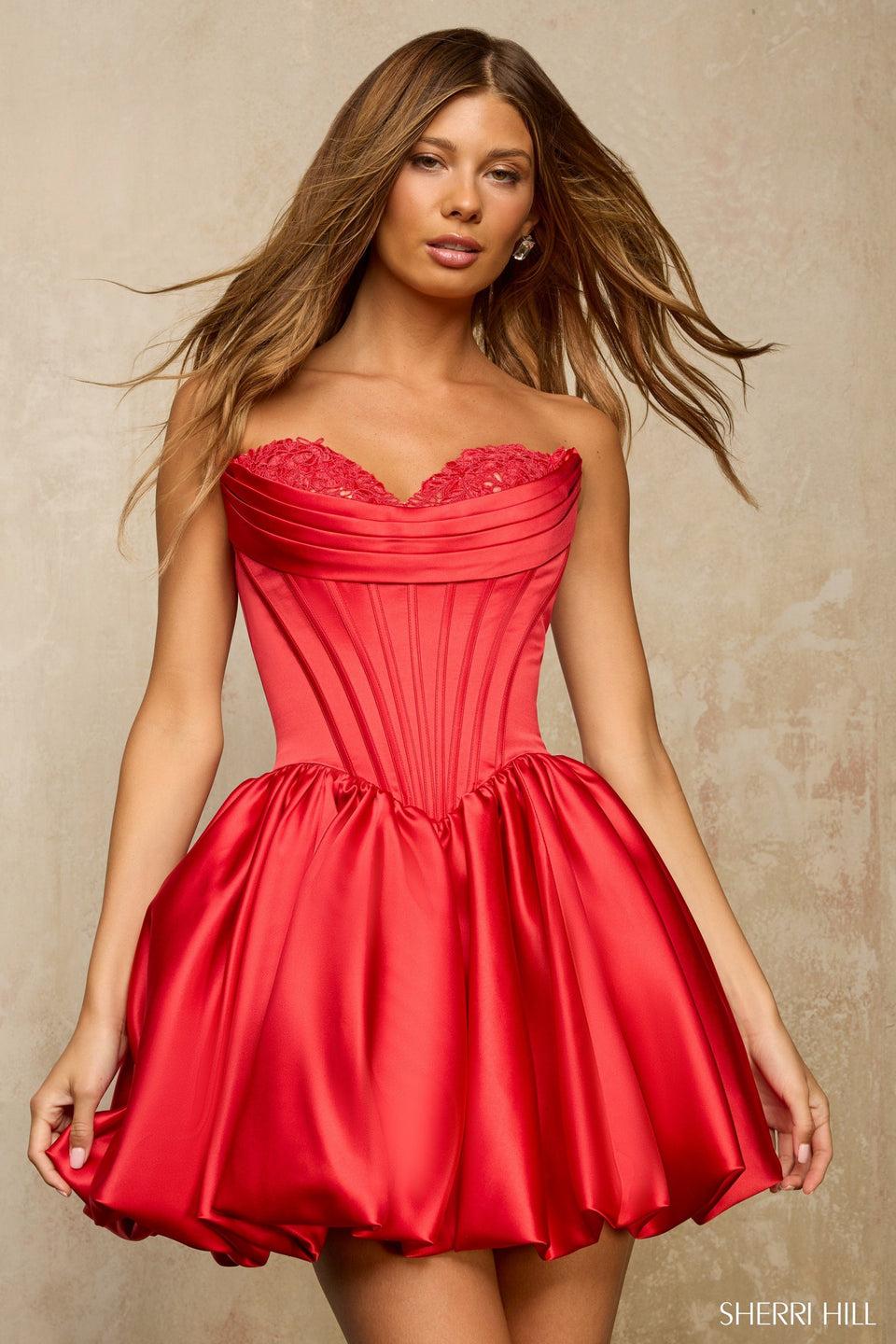 sherri hill Strapless cocktail dress with corset bodice and bubble skirt