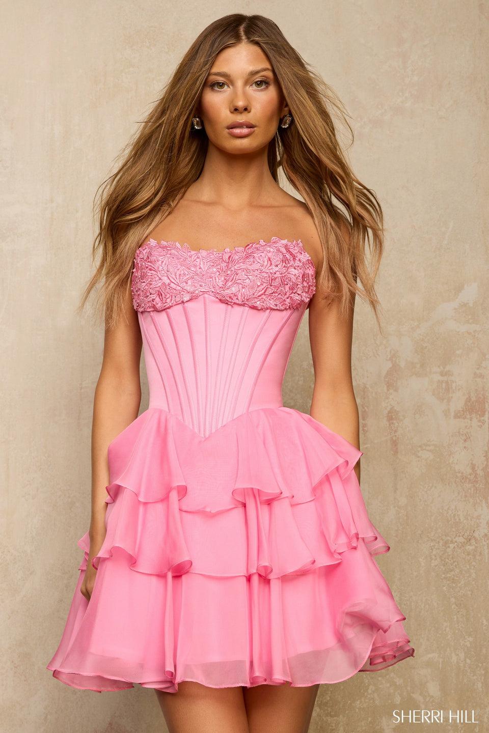 sherri hill Strapless cocktail dress with corset bodice and chiffon ruffle skirt