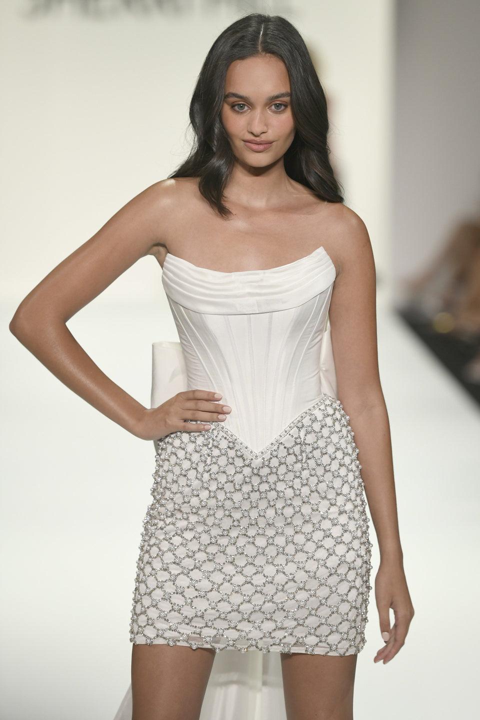 Sherri Hill Strapless Cocktail Dress With Corset Bodice And Pearl Skirt With Detachable Taffeta Cape