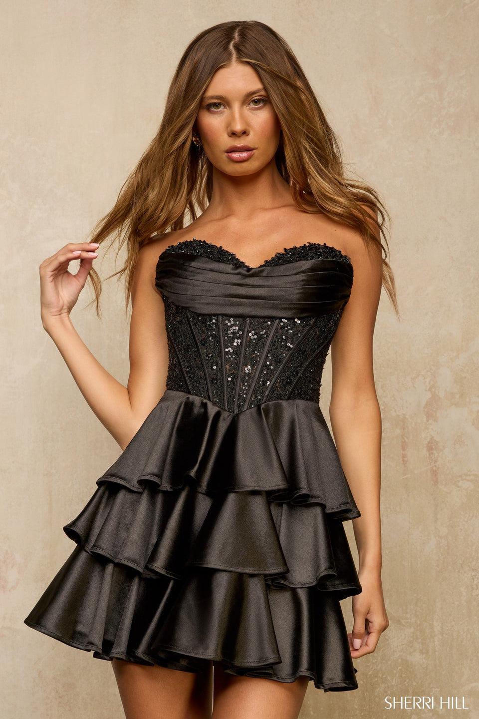 Sherri Hill Strapless Cocktail Dress With Lace Corset Bodice And Ruffle Skirt