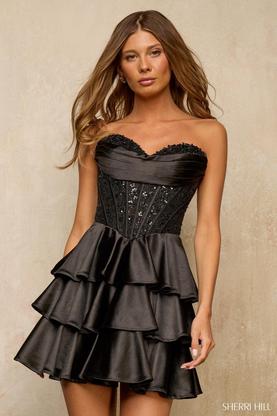 sherri hill Strapless cocktail dress with lace corset bodice and ruffle skirt