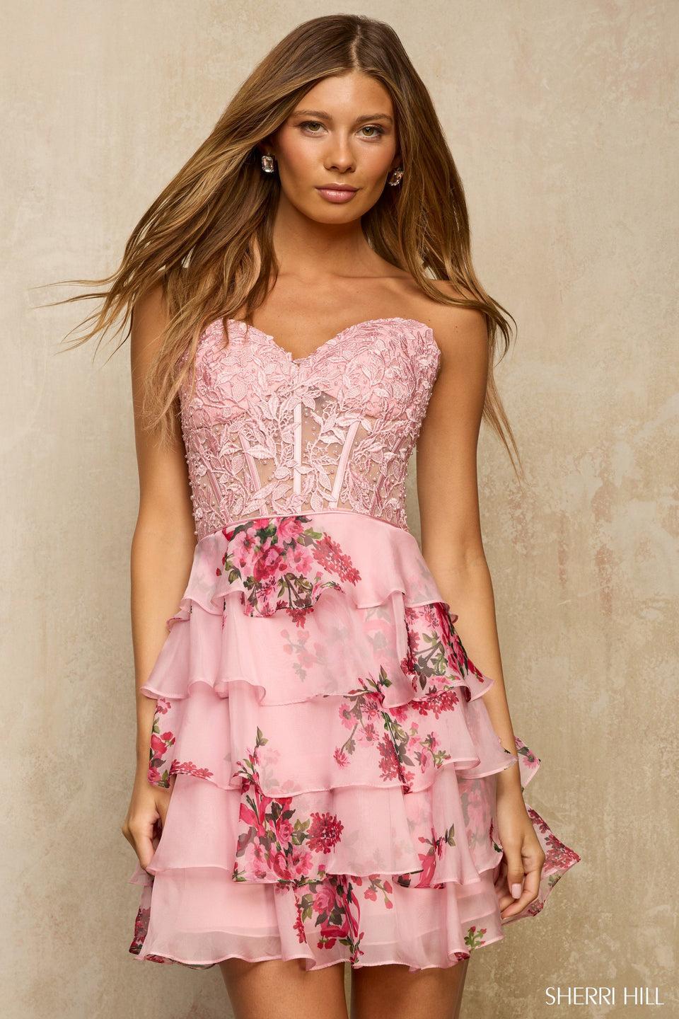 sherri hill Strapless cocktail dress with leaf lace corset bodice and chiffon floral ruffle skirt