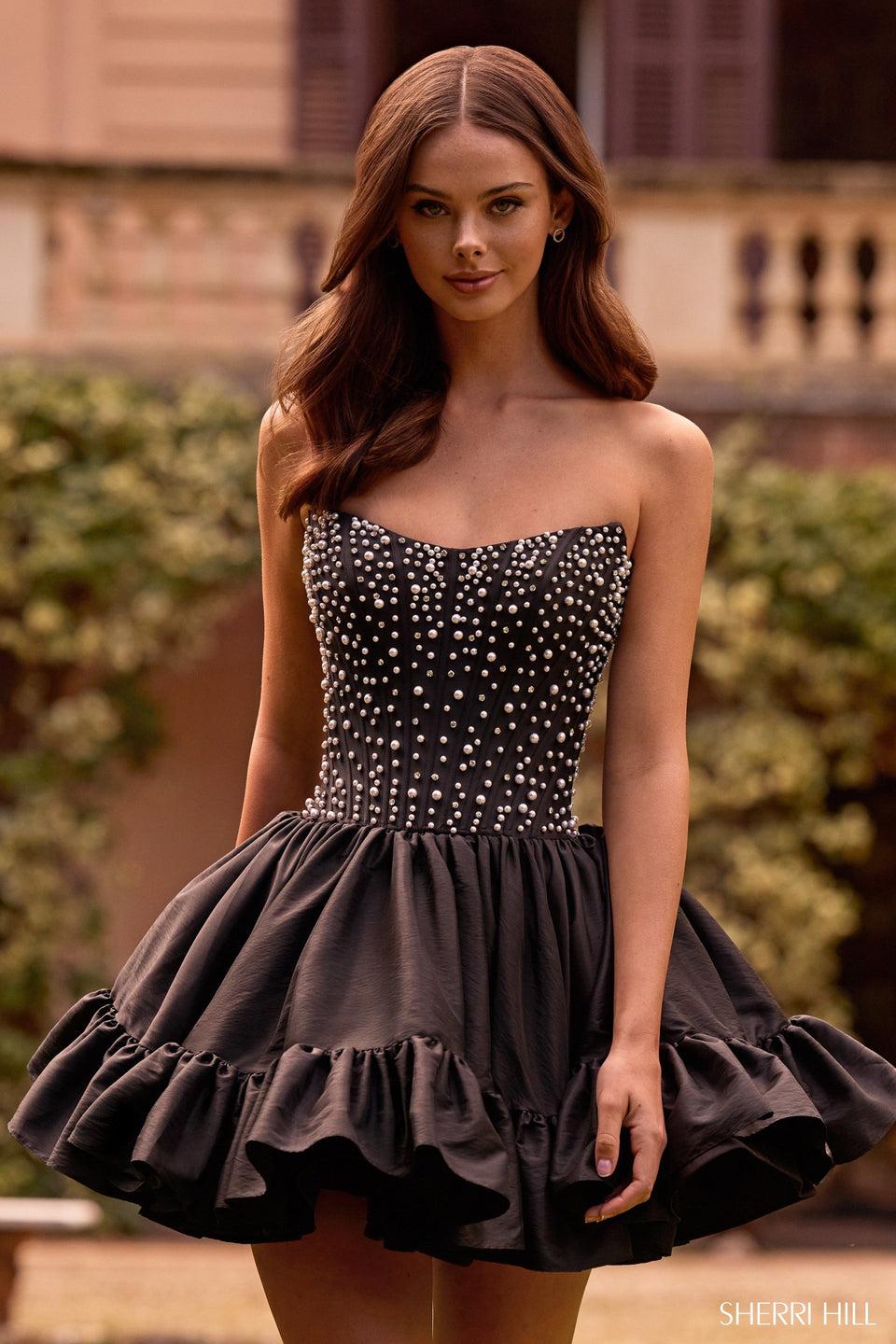 sherri hill Strapless cocktail dress with pearl embellished corset bodice and bubble skirt