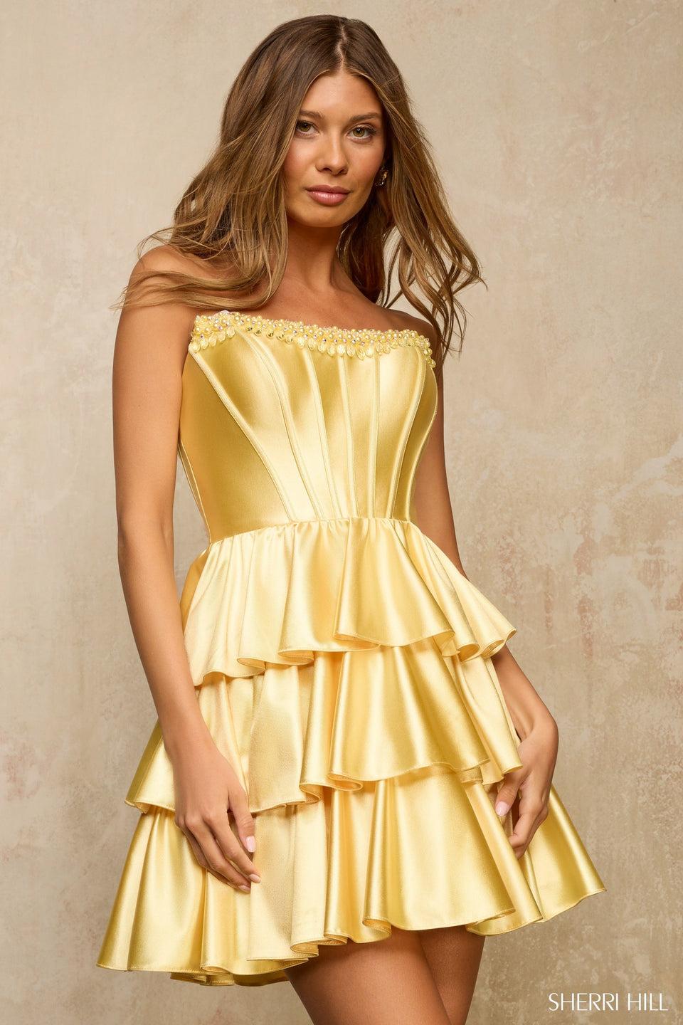 sherri hill Strapless cocktail dress with ruffle skirt lace up back and bead embellishments