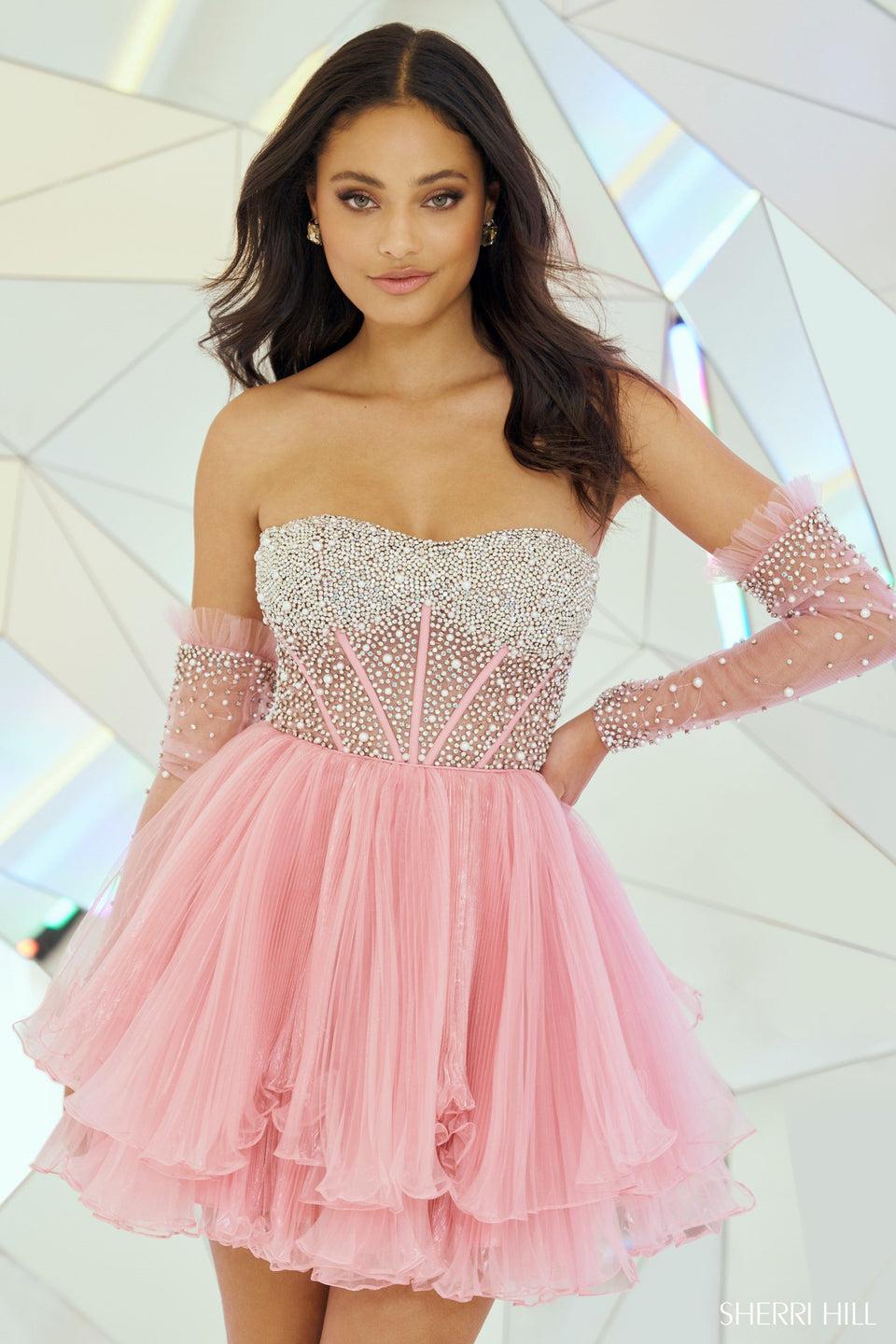 Sherri Hill Strapless Cocktail Dress With Sheer Corset Pearl Embellishments Pleated Organza Ruffle Skirt And Removable Pearl Sleeves