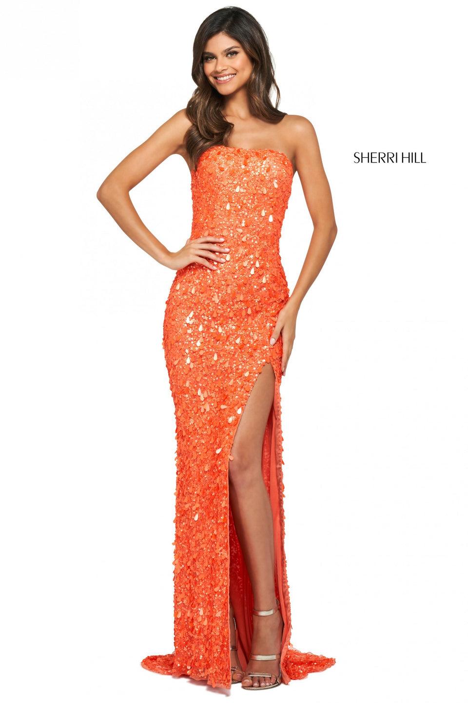 sherri hill Strapless column dress with teardrop paillette sequins lace up back and skirt slit