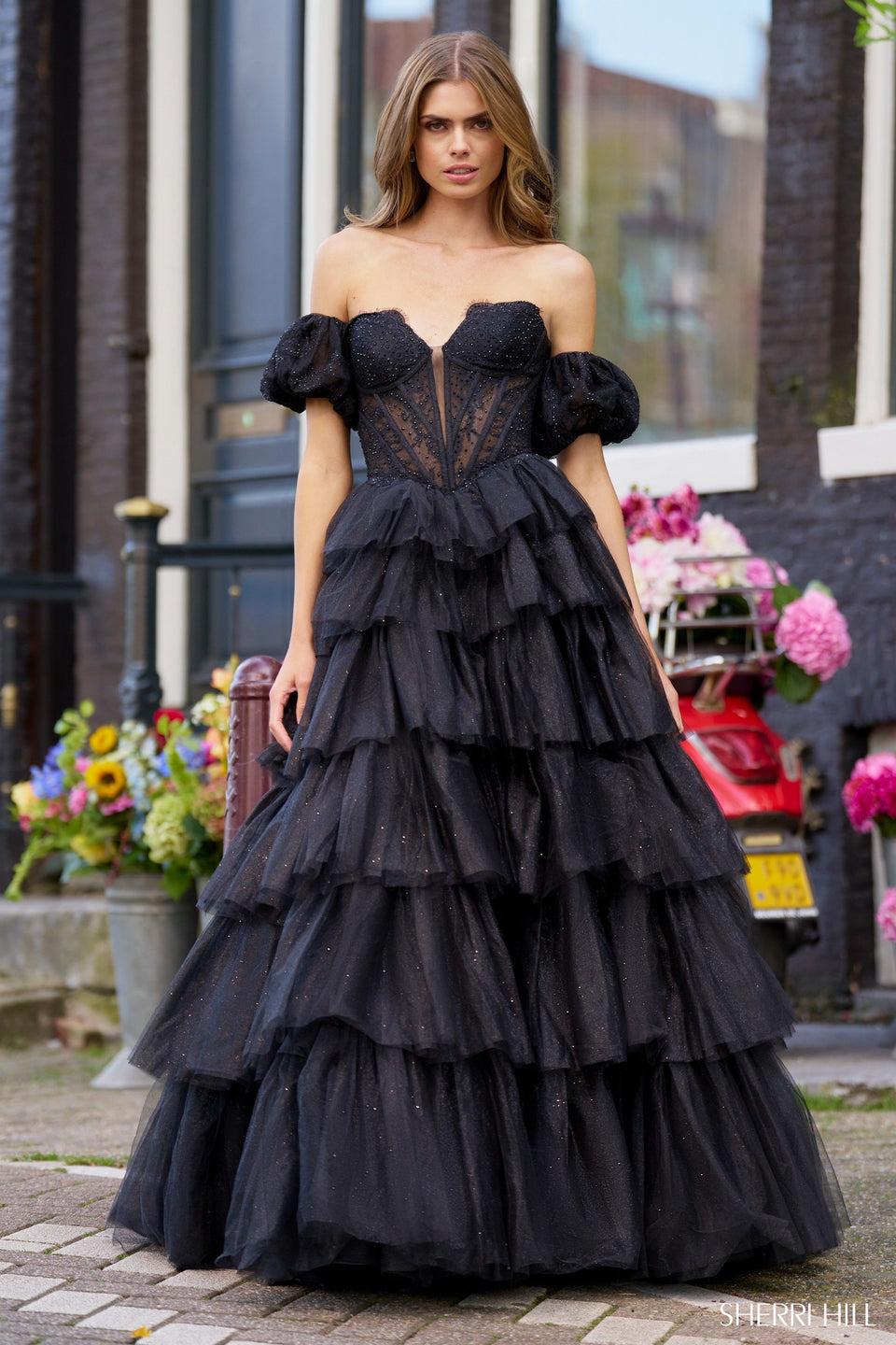 Sherri Hill Strapless Corset Ball Gown With Sparkly Tulle Skirt Detachable Sleeves And Deep V Illusion