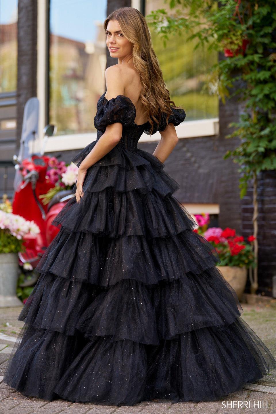 Sherri Hill Strapless Corset Ball Gown With Sparkly Tulle Skirt Detachable Sleeves And Deep V Illusion
