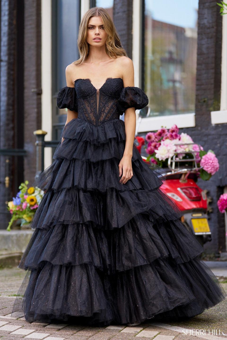 sherri hill Strapless corset ball gown with sparkly tulle skirt detachable sleeves and deep V illusion