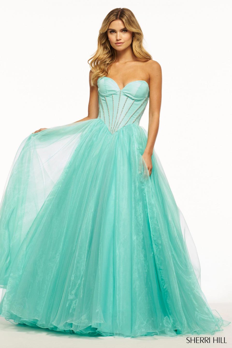 sherri hill Strapless corset ball gown with taffeta rhinestone bodice and organza skirt