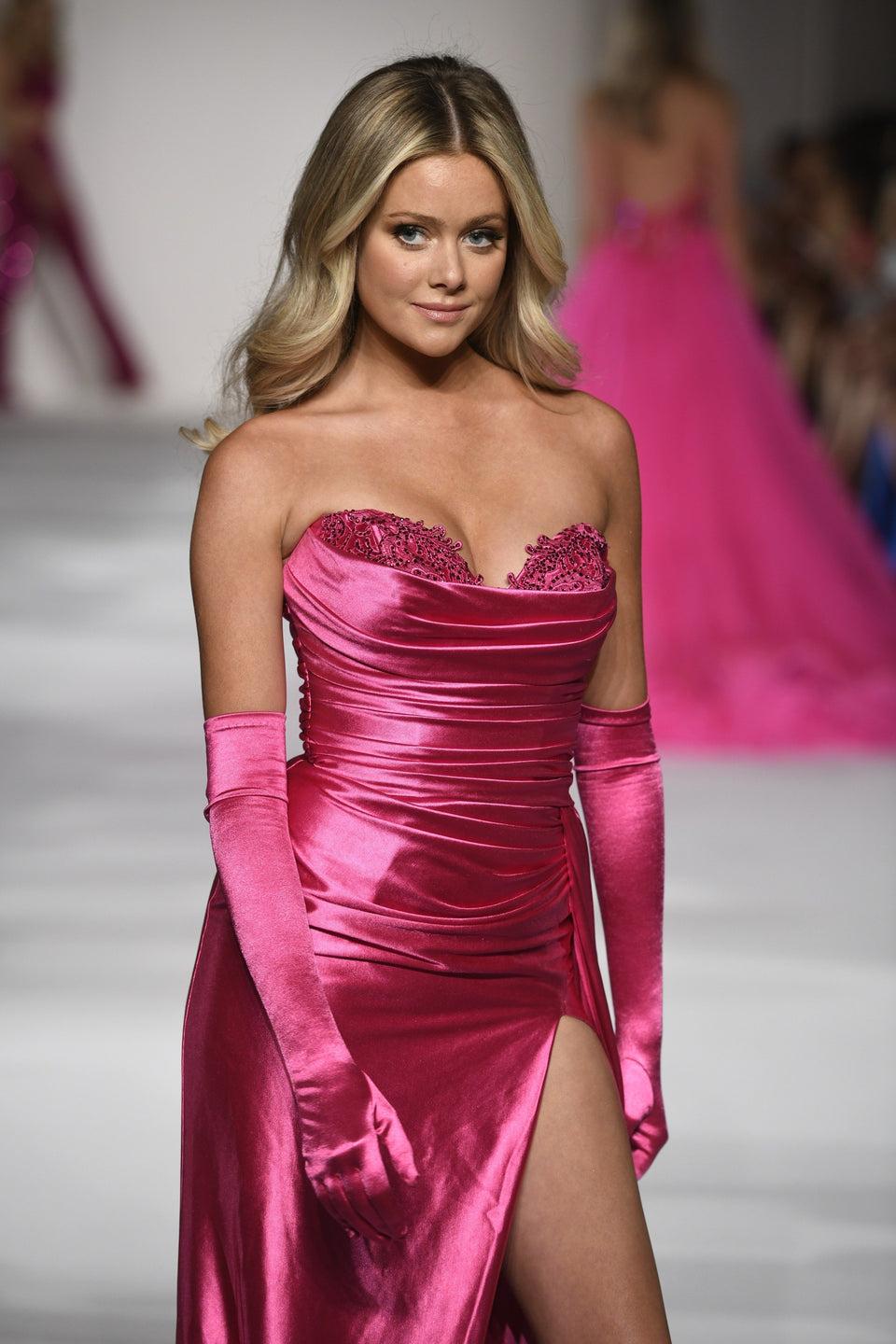 sherri hill Strapless corset gown with ruched bodice high slit and side overskirt. Gloves not included