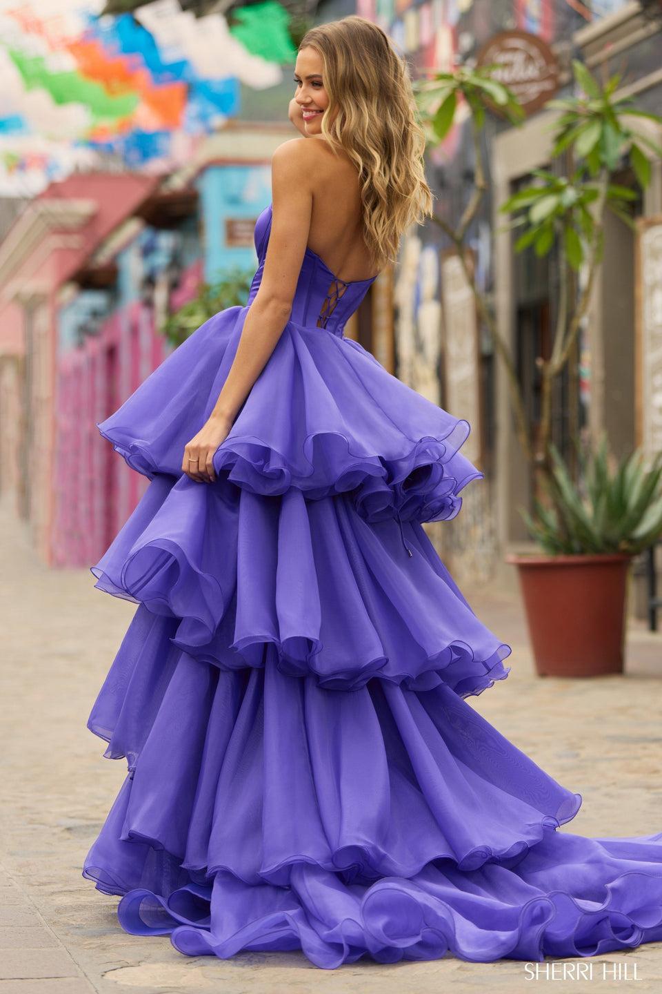 Sherri Hill Strapless Corset High Low Gown With Removable Organza Skirt And Lace Up Back