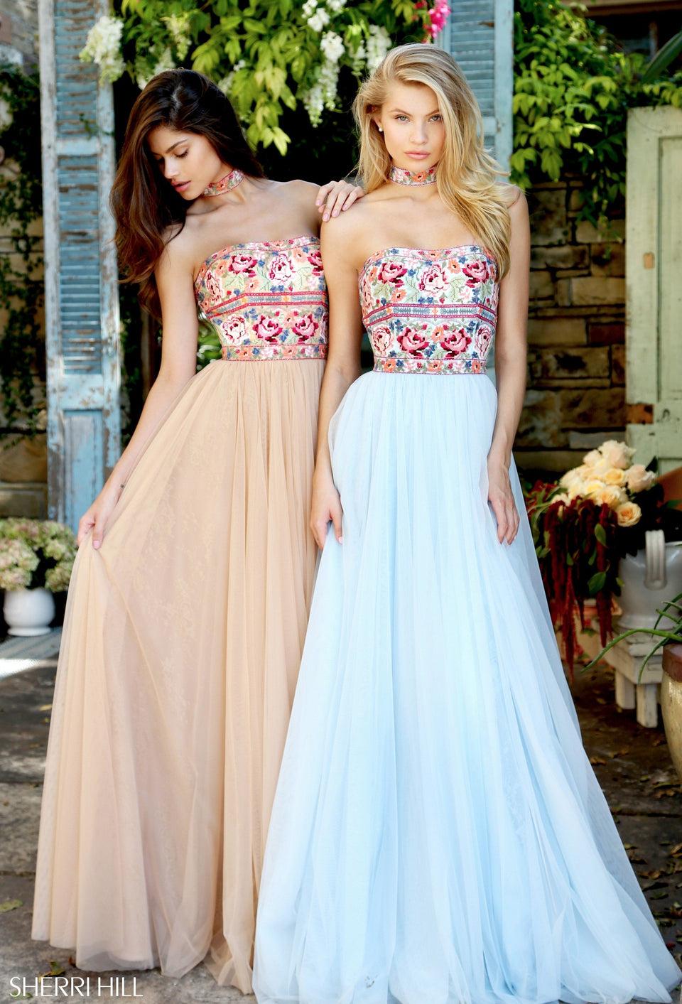 sherri hill Strapless cross stitch floral embroidered bodice with matching choker and chiffon skirt