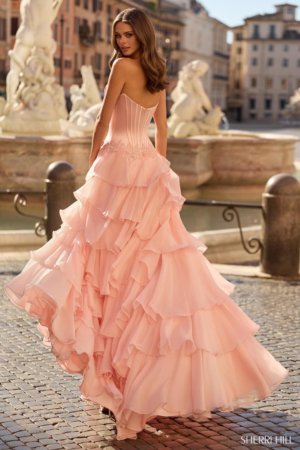 Sherri Hill Strapless Drop Waist Ballgown With Chiffon Ruffle Skirt