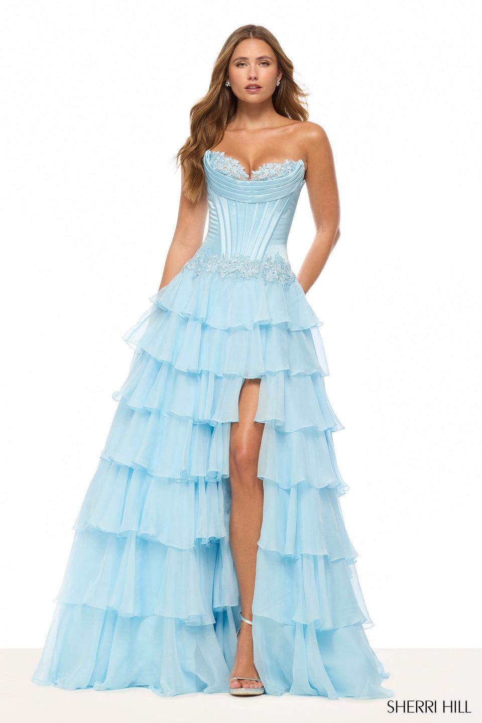 Sherri Hill Strapless Drop Waist Ballgown With Chiffon Ruffle Skirt