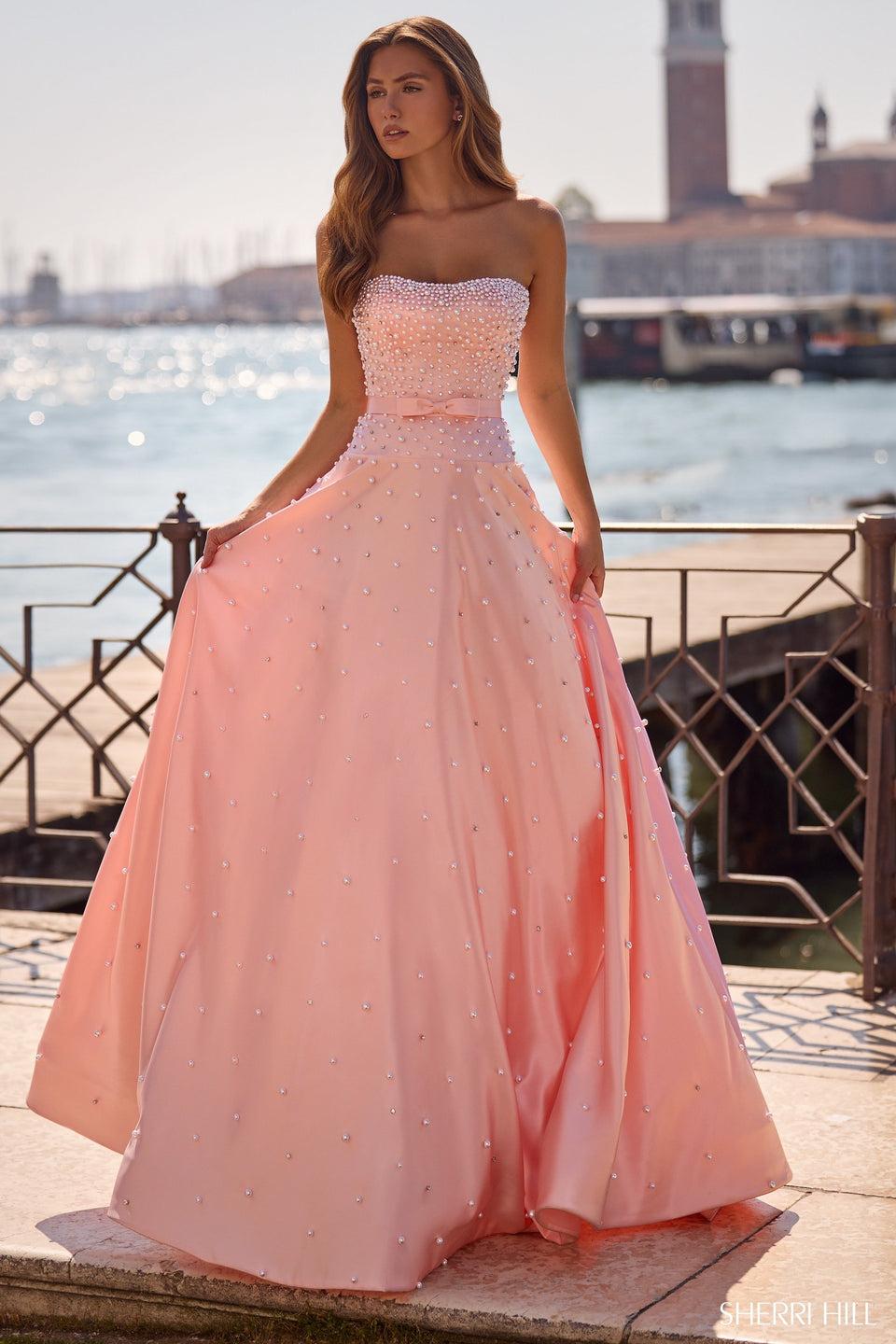 Sherri Hill Strapless Drop-waist Ballgown With Pearl Embellishments