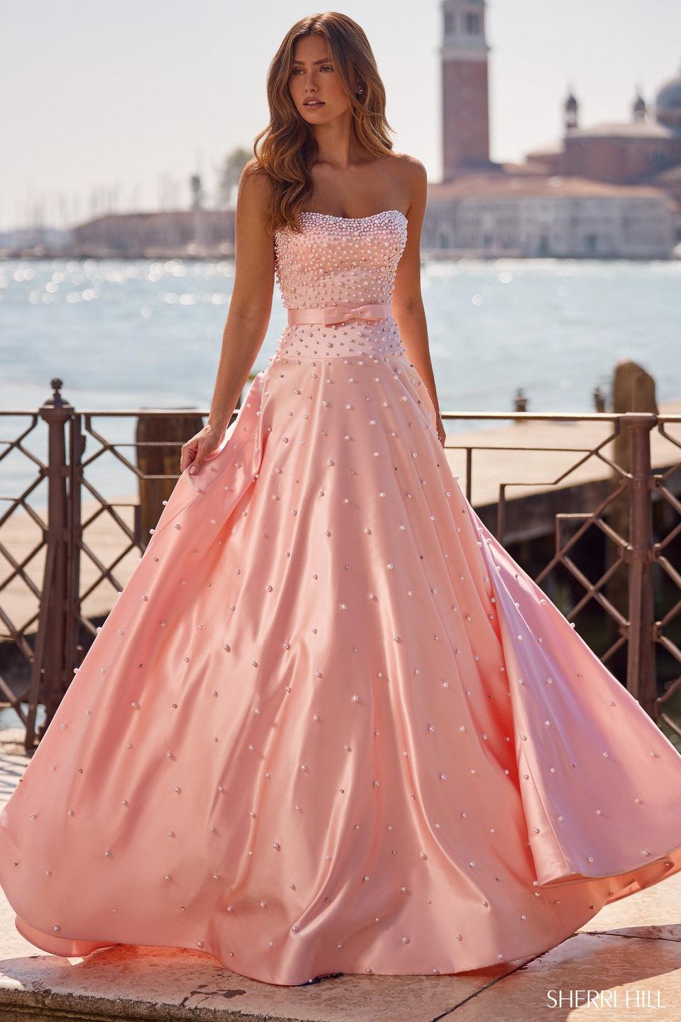 sherri hill Strapless drop-waist ballgown with pearl embellishments