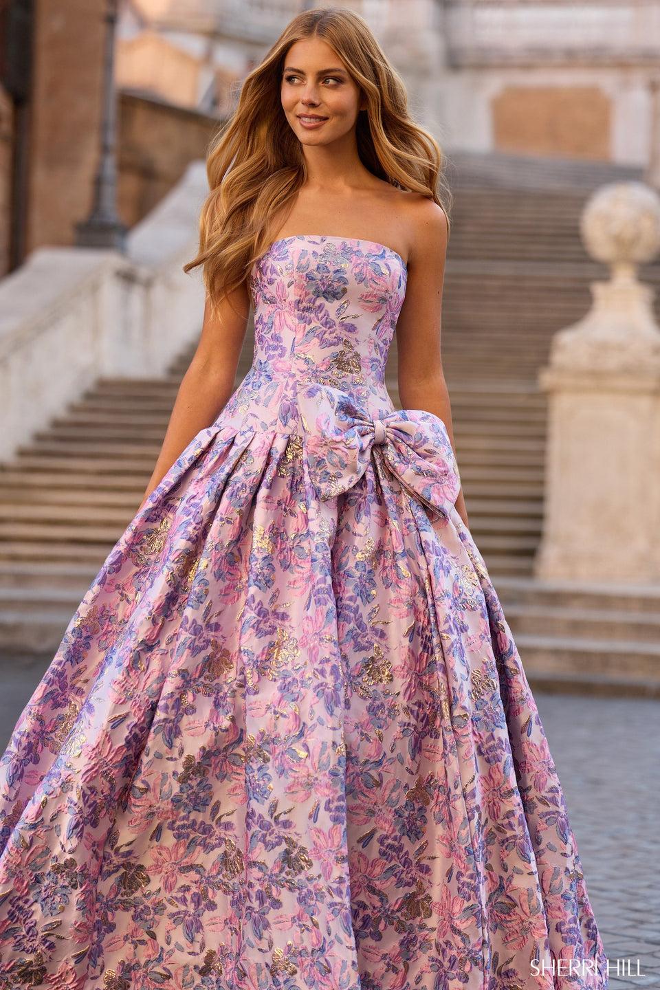 Sherri Hill Strapless Drop-waist Brocade Ballgown With Bow On Hip