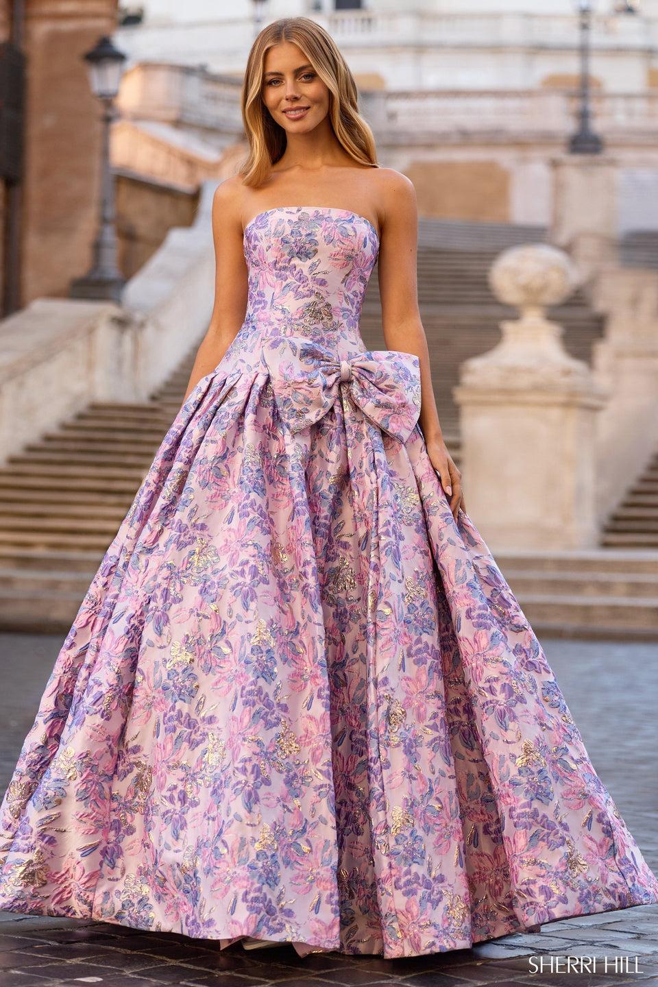 sherri hill Strapless drop-waist brocade ballgown with bow on hip