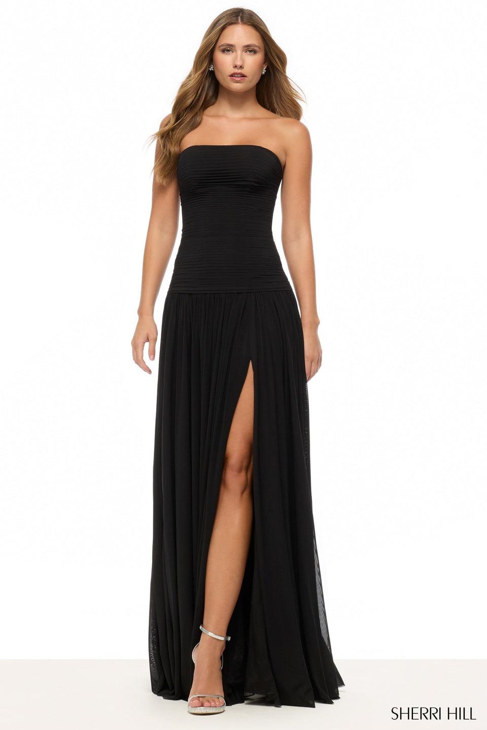 sherri hill Strapless drop-waist mesh gown with skirt slit