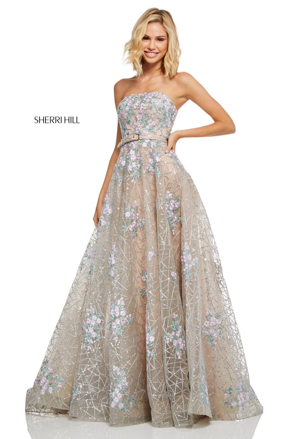 sherri hill Strapless embroidered ball gown with a belted waistband