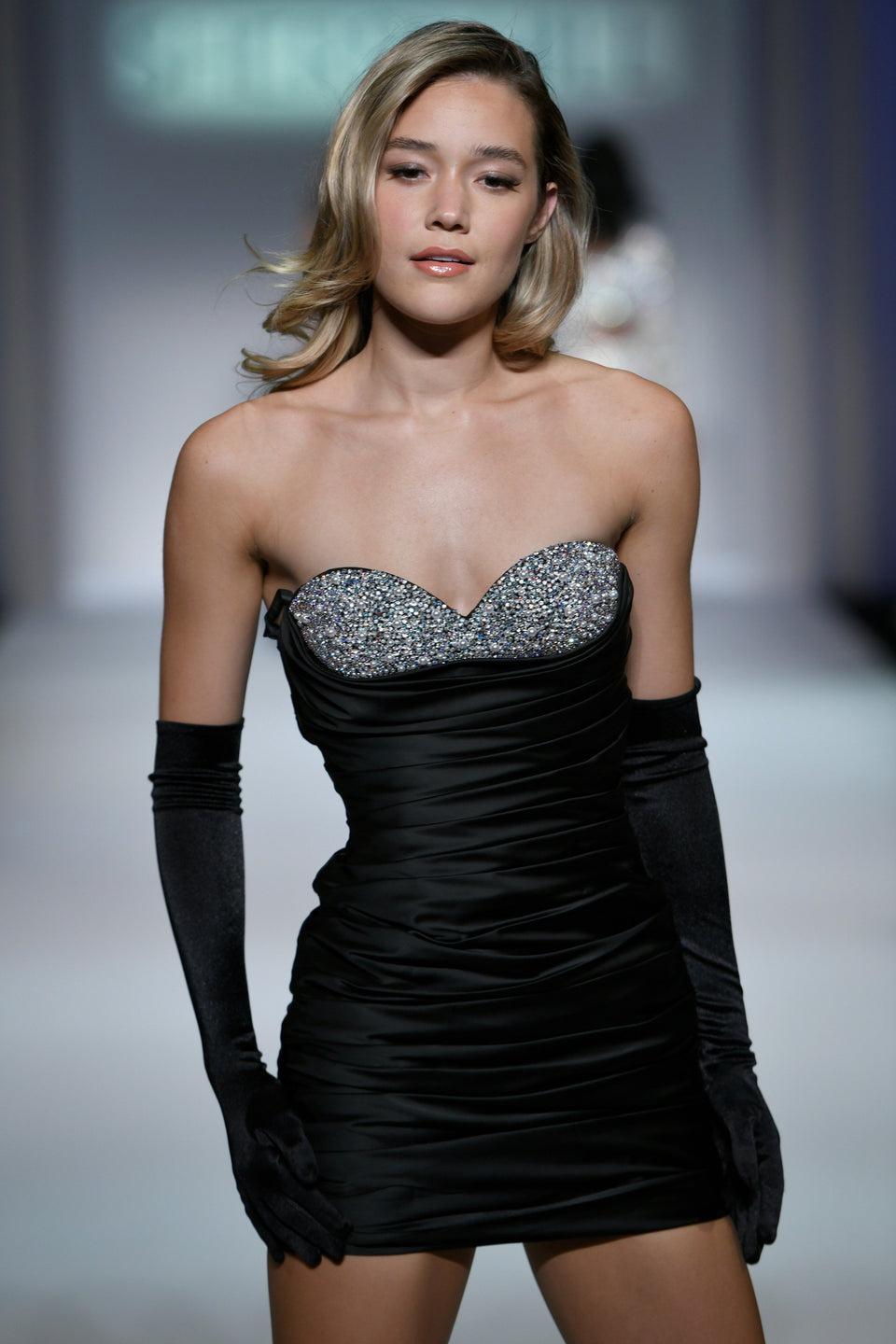 sherri hill Strapless fitted cocktail dress with pearl embellishments on neckline. Gloves are not included