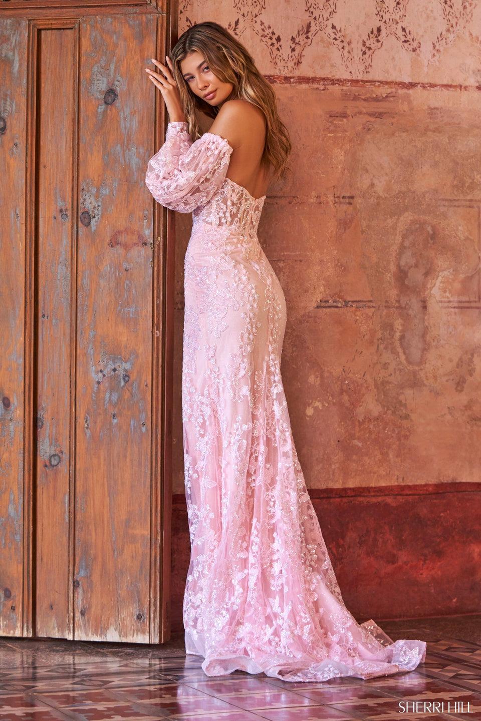 Sherri Hill Strapless Fitted Gown With A Deep V-Neckline Skirt Slit And Removable Long Sleeves
