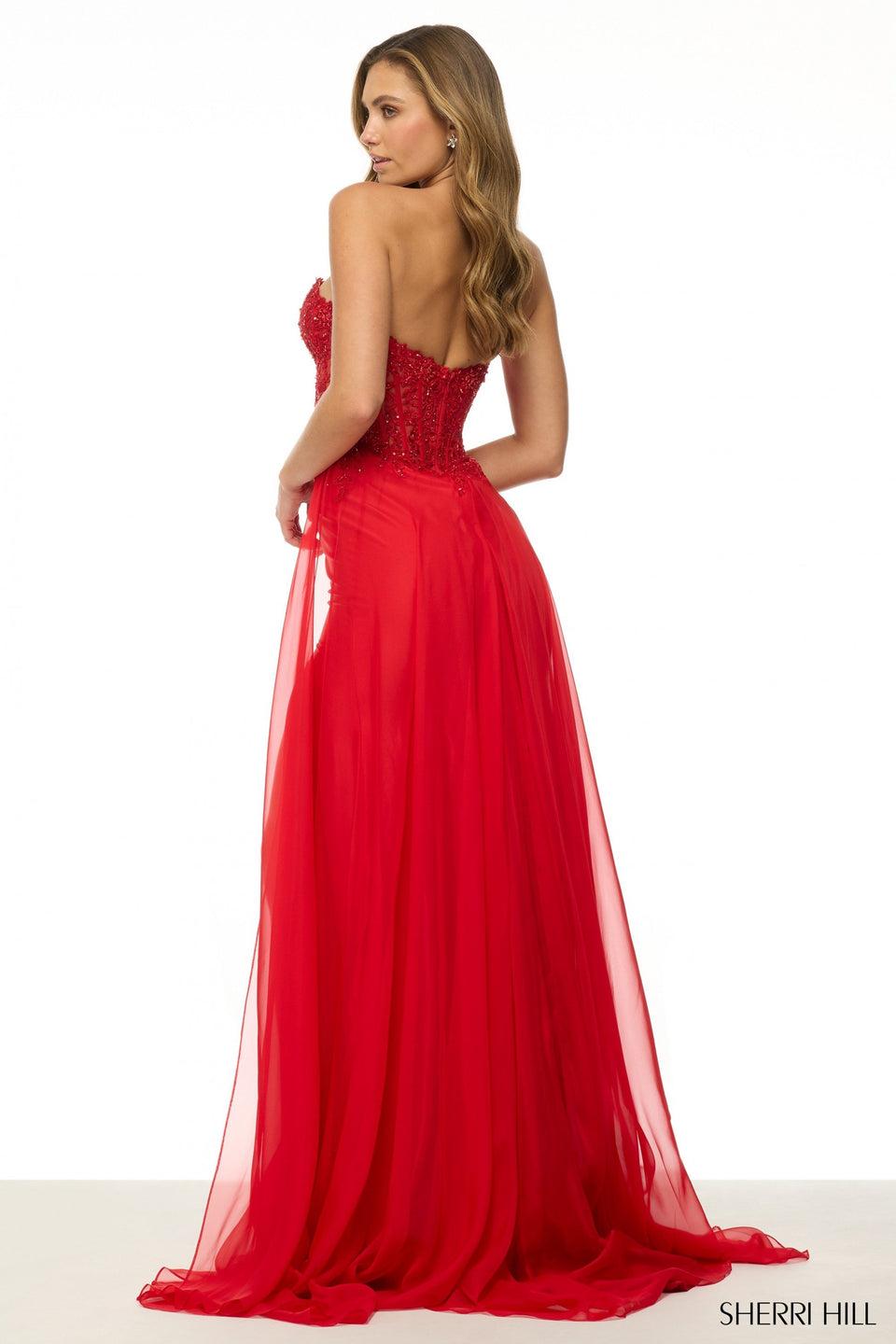 Sherri Hill Strapless Fitted Gown With Chiffon Over Skirt And High Slit