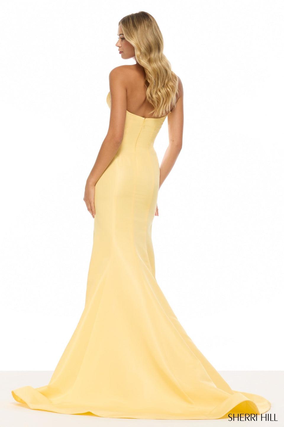 Sherri Hill Strapless Fitted Gown With Corset Bodice And A Skirt Slit