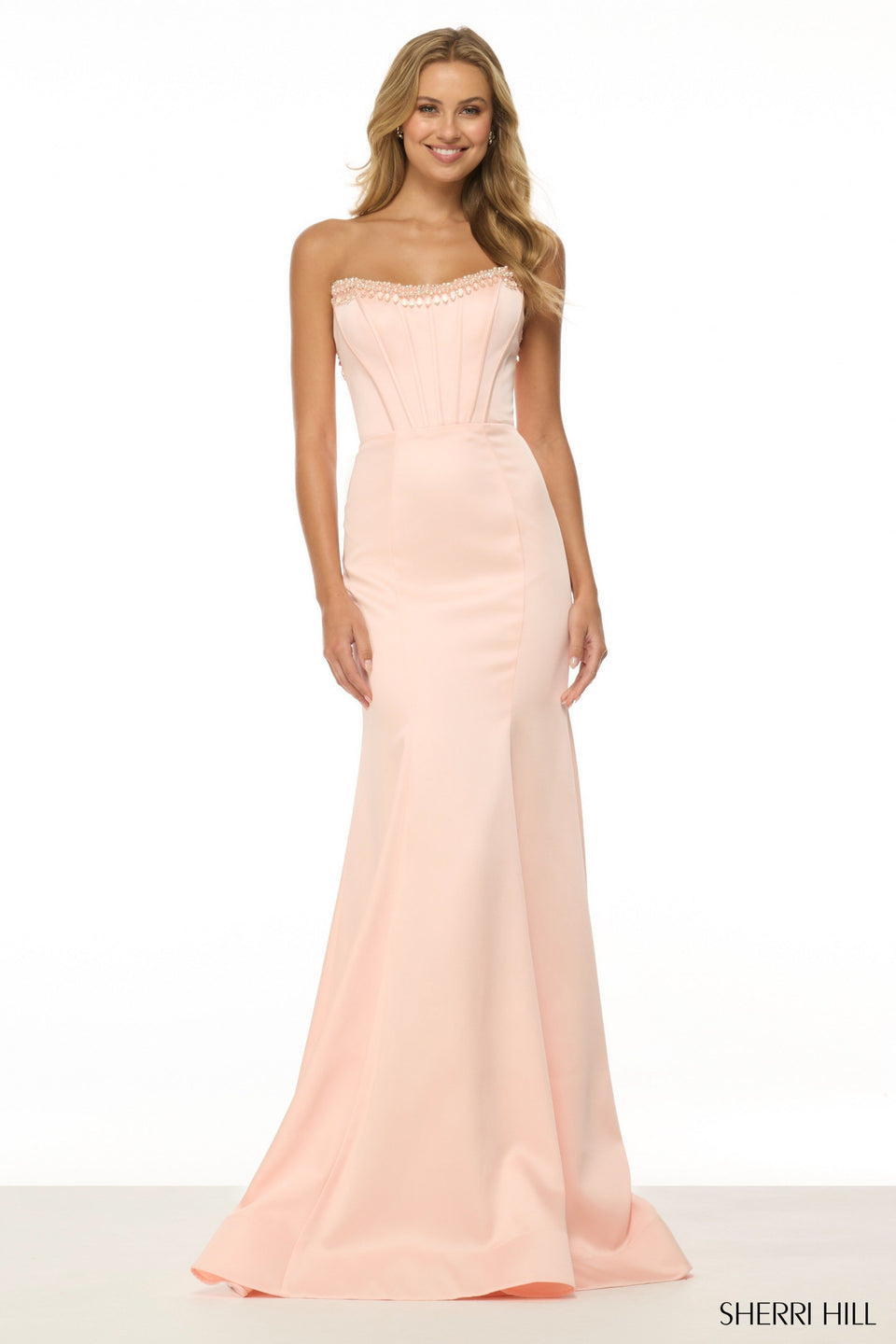 sherri hill Strapless fitted gown with corset bodice and bead embellishments on neckline