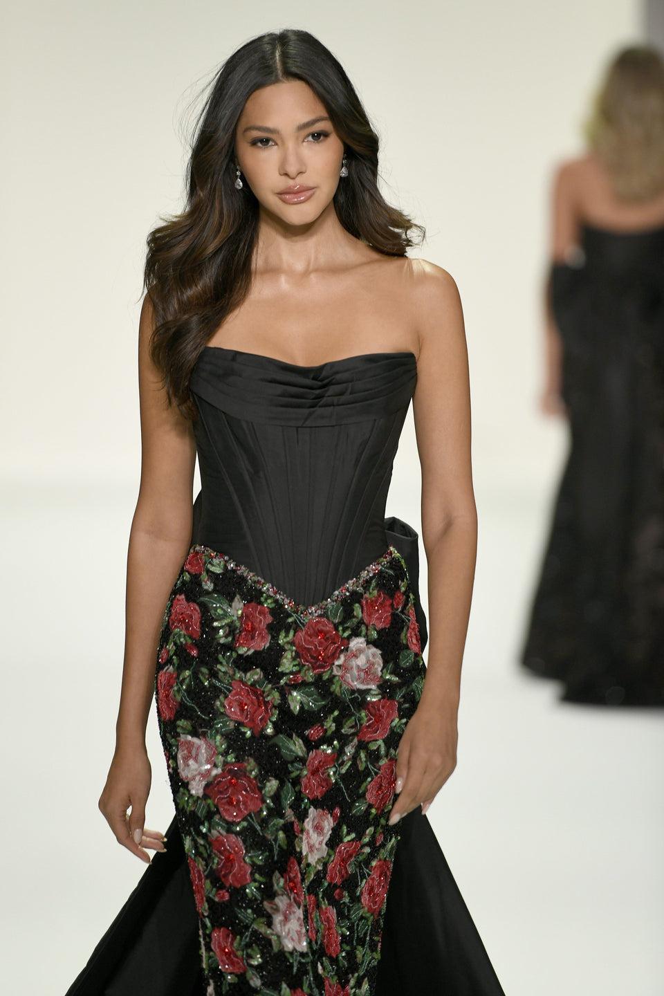 Sherri Hill Strapless Fitted Gown With Corset Bodice And Beaded Floral Skirt With Taffeta Cape