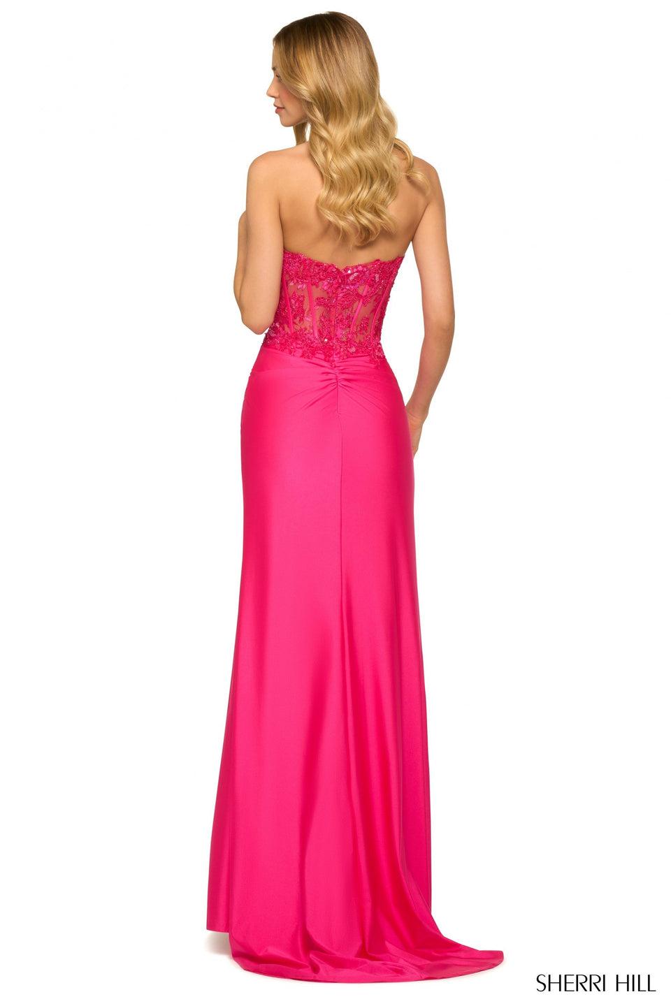 Sherri Hill Strapless Fitted Gown With Leaf Lace Corset Bodice And A Ruched Jersey Skirt With Slit