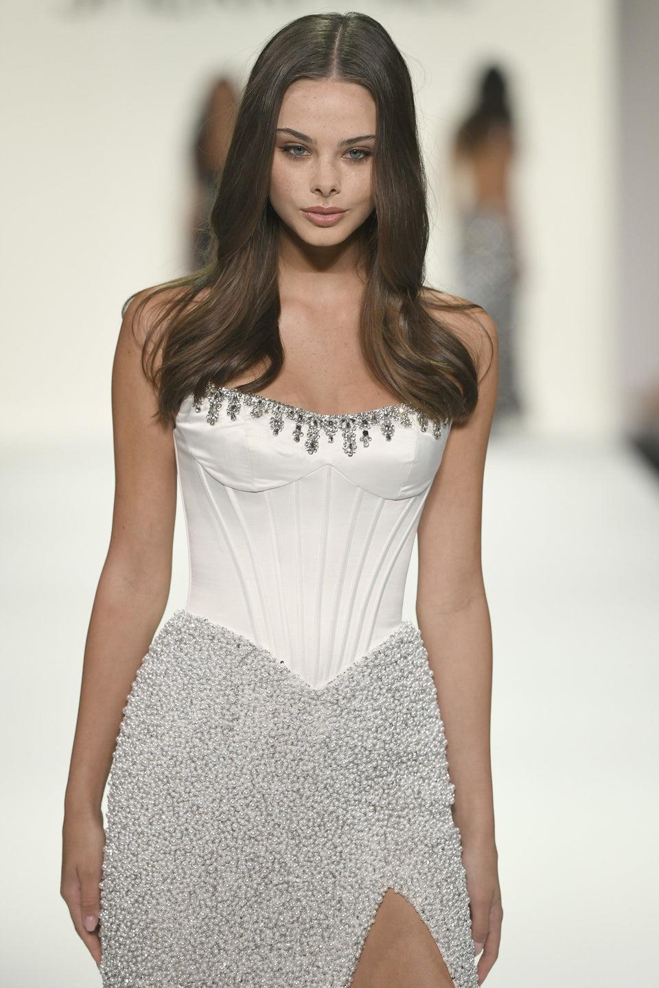 Sherri Hill Strapless Fitted Gown With Satin Corset Bodice And A Pearl Skirt