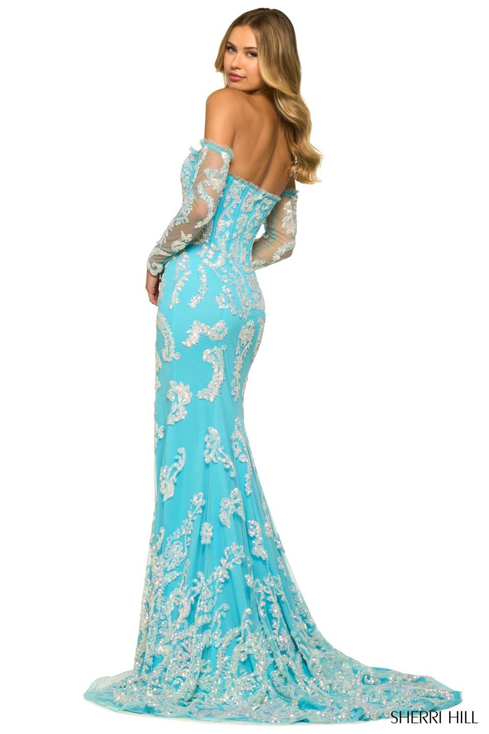 Sherri Hill Strapless Fitted Gown With Sequin Lace Embellishments Slit And Detachable Sleeves