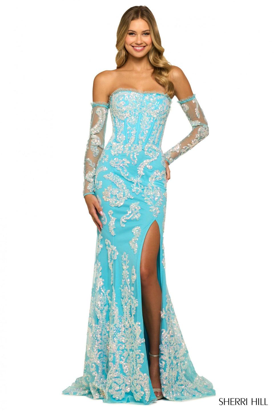 sherri hill Strapless fitted gown with sequin lace embellishments slit and detachable sleeves