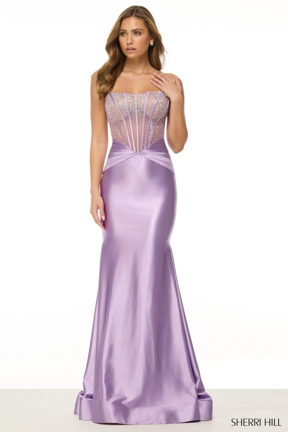 sherri hill Strapless fitted gown with sheer corset bodice