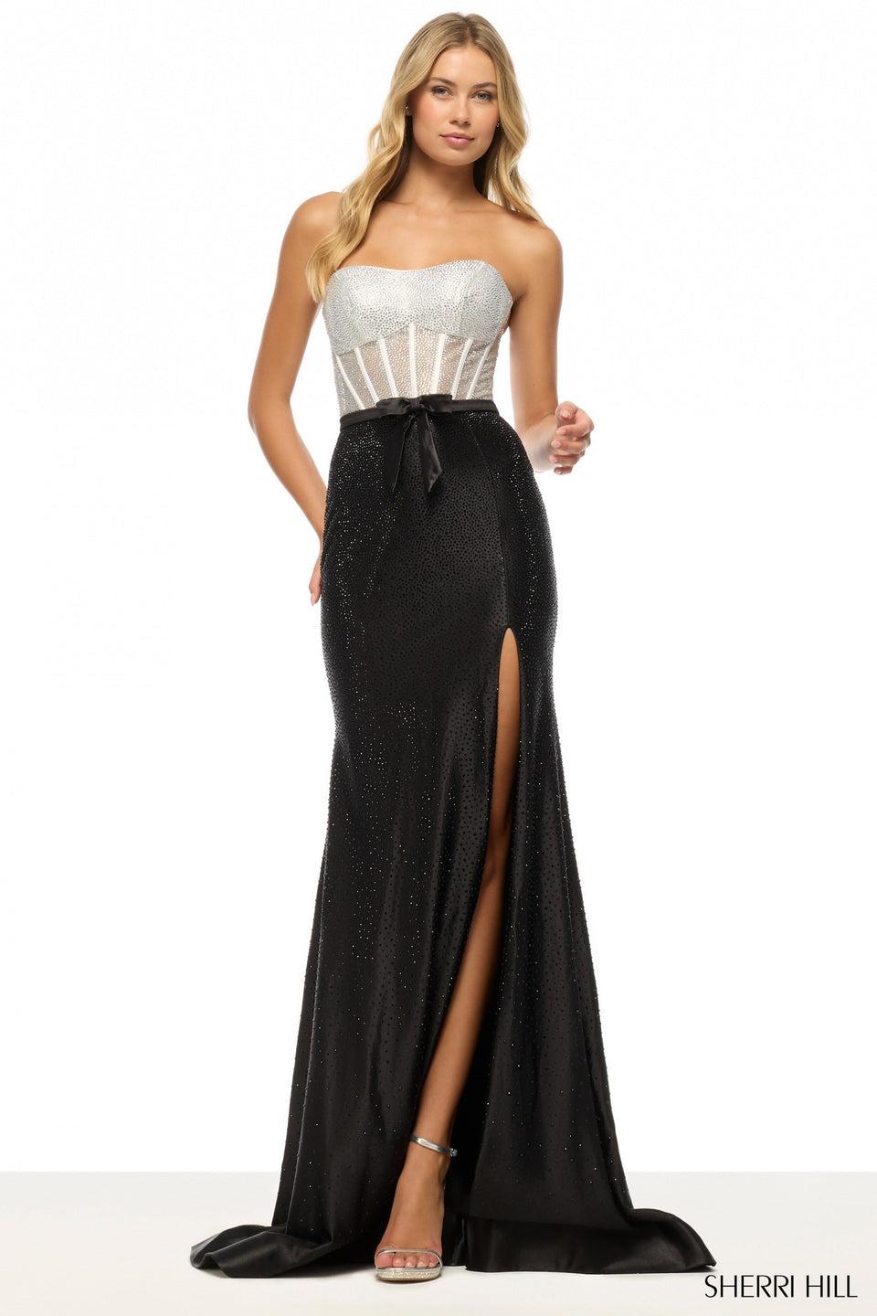 Sherri Hill Strapless Fitted Hot Fix Gown With Corset Bodice Skirt Slit And A Bow