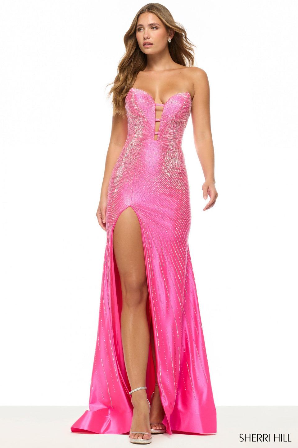 Sherri Hill Strapless Fitted Hot Fix Gown With Deep V Neckline And A Skirt Slit
