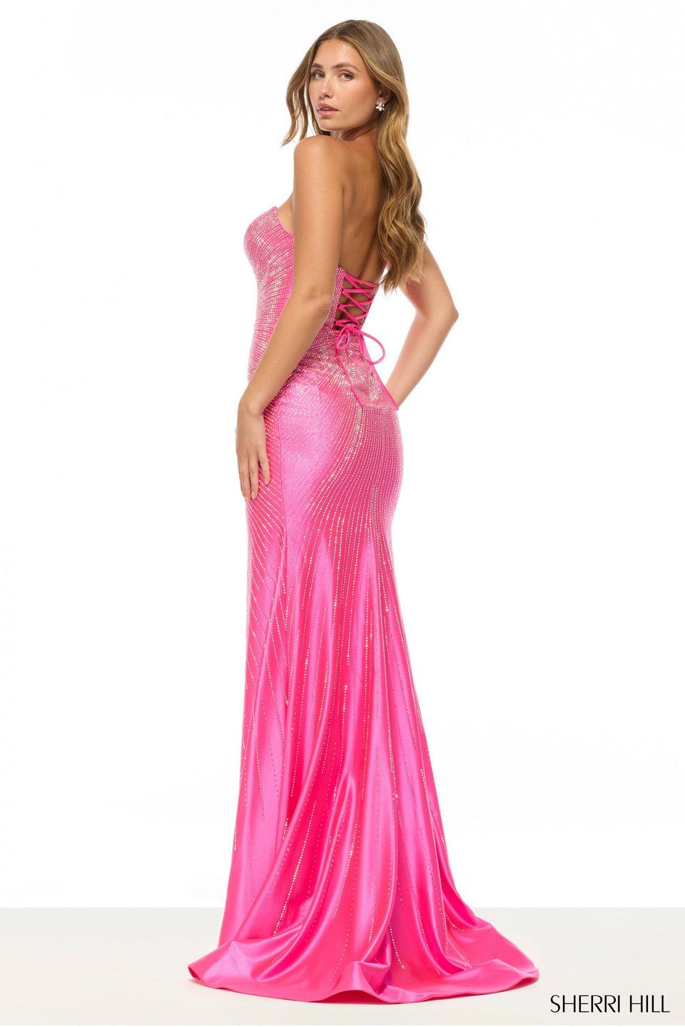 Sherri Hill Strapless Fitted Hot Fix Gown With Deep V Neckline And A Skirt Slit