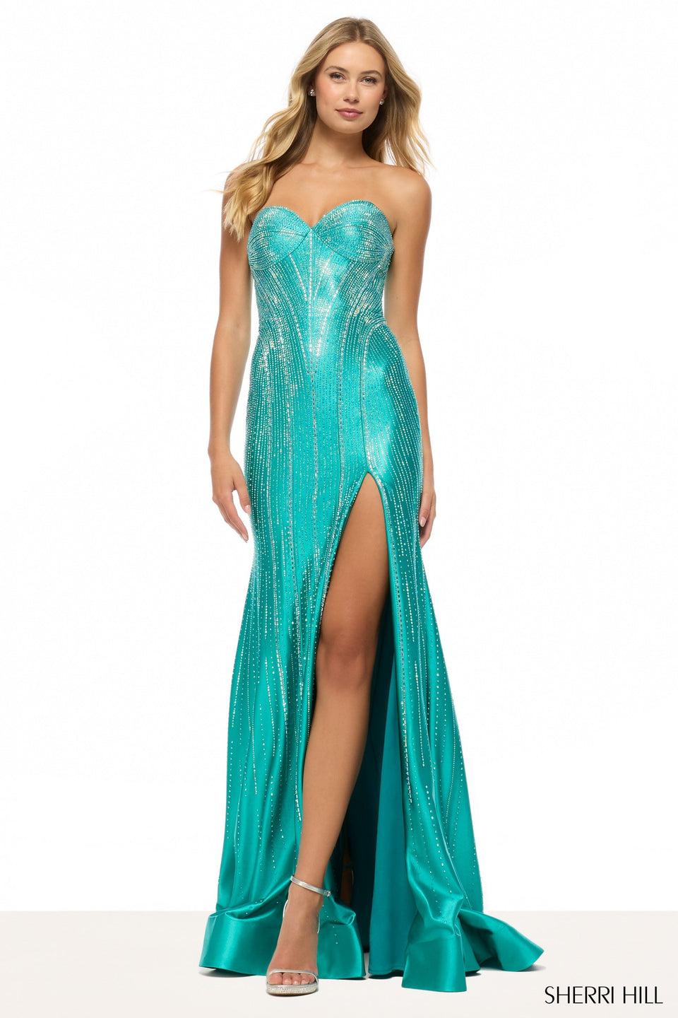 Sherri Hill Strapless Fitted Hot Fix Gown With Skirt Slit