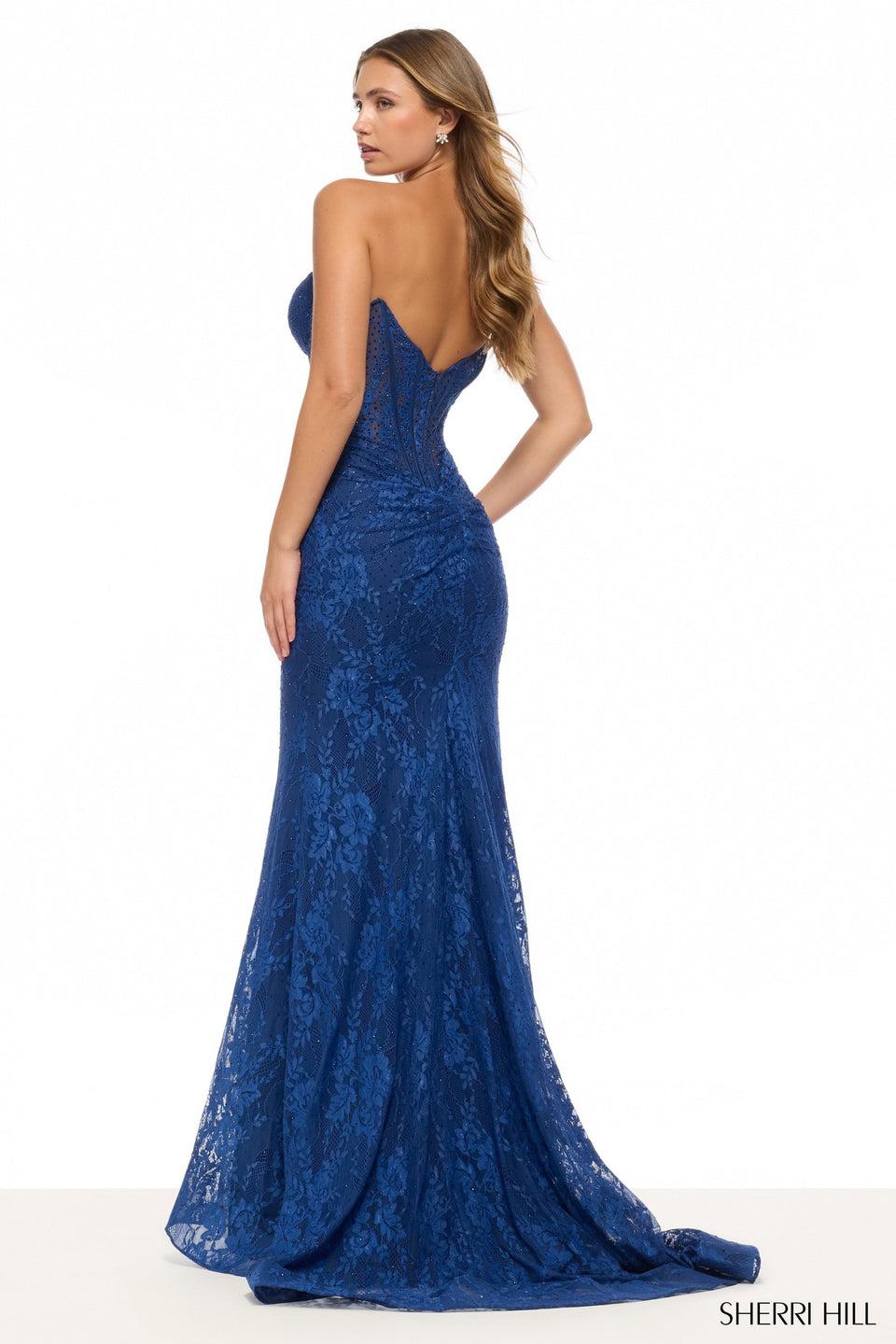 Sherri Hill Strapless Fitted Hot Fix Lace Gown With Sheer Corset Bodice