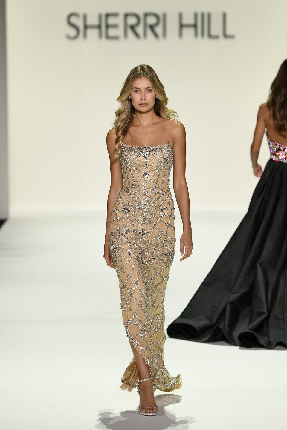 sherri hill Strapless fitted lace dress with bead embellishments and a back slit