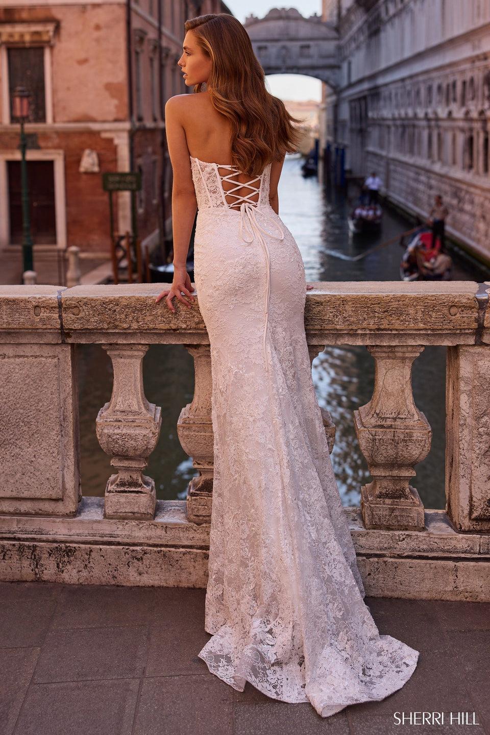 Sherri Hill Strapless Fitted Lace Gown With Corset Bodice